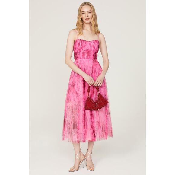 ML MONIQUE LHUILLIER Pink Floral Tulle Sweetheart Neckline A-Line Dress Size 14 - Picture 1 of 13